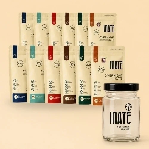 Kit Inate Oats To Go com sachês de Overnight Oats e pote de vidro com tampa