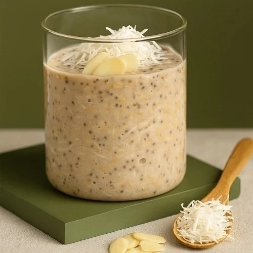 Overnight Coconut em copo com coco em flocos e amêndoas ao lado